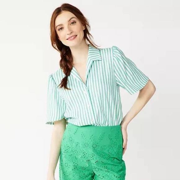 NWT! Women's DRAPER JAMES RSVP Button Front Bodysuit Striped White and Green - Picture 2 of 4